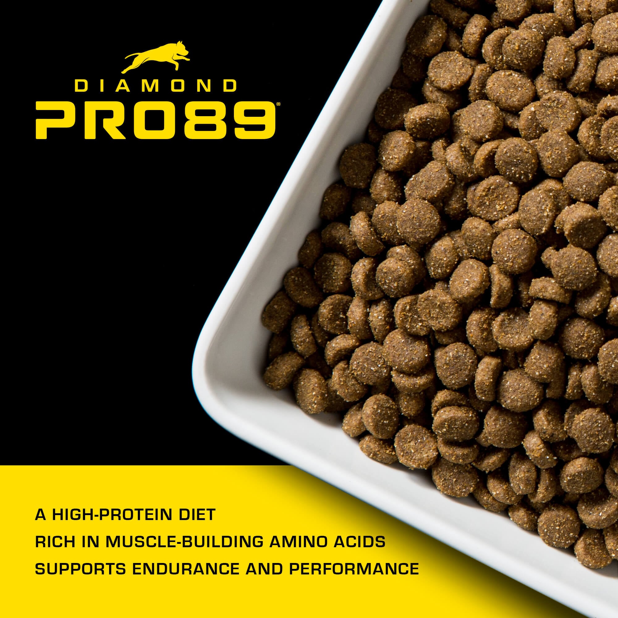 A white ceramic bowl full of Diamond Pro89 Beef, Pork & Ancient Grains Formula for Adult Dogs kibble.