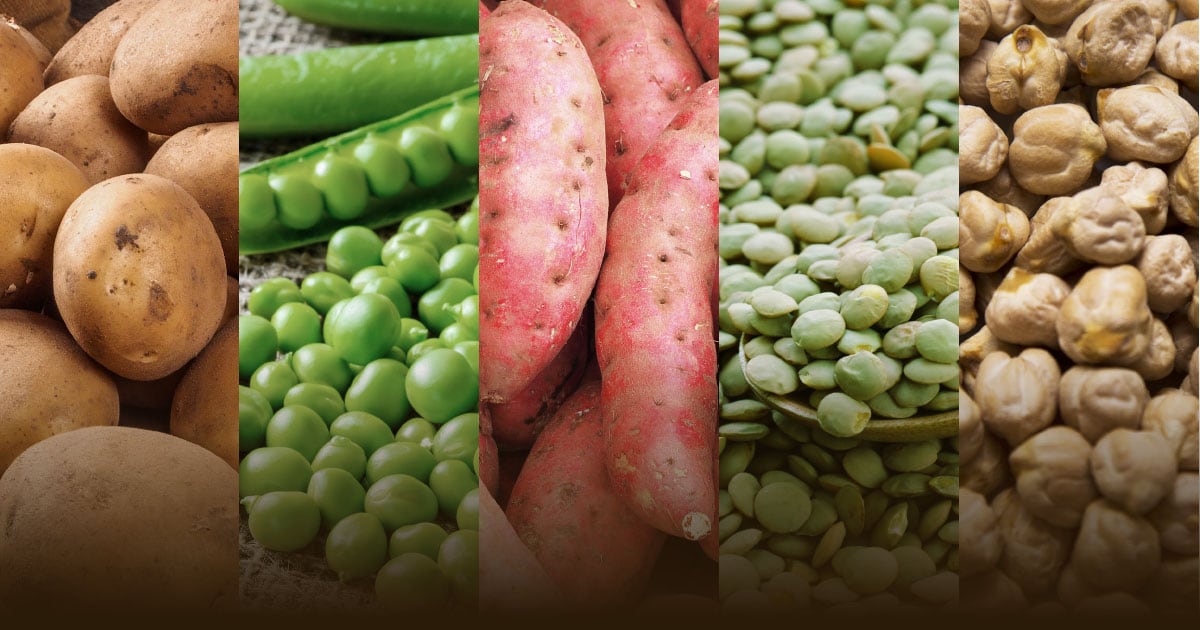 A collage of side-by-side photos of potatoes, peas, sweet potatoes and other vegetables.