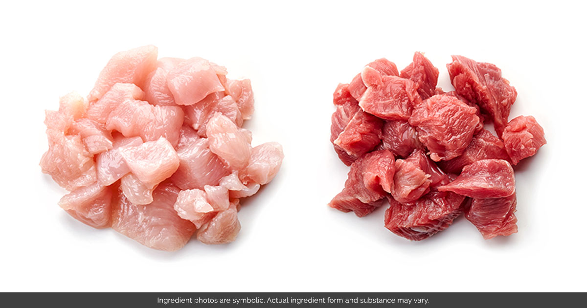 A pile of diced chicken and a pile of diced beef lying on a white background.