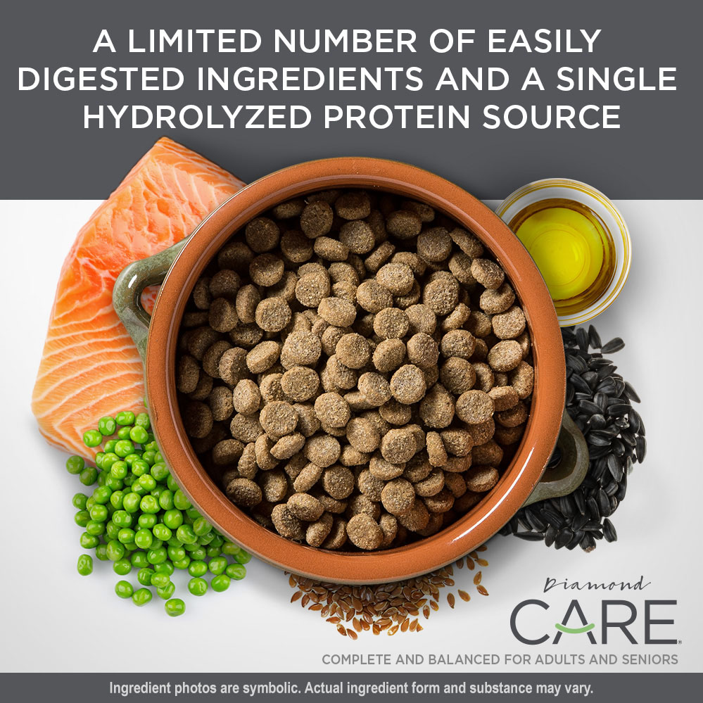 An orange ceramic bowl full of Diamond Care Sensitive Skin Formula for Adult Dogs kibble.