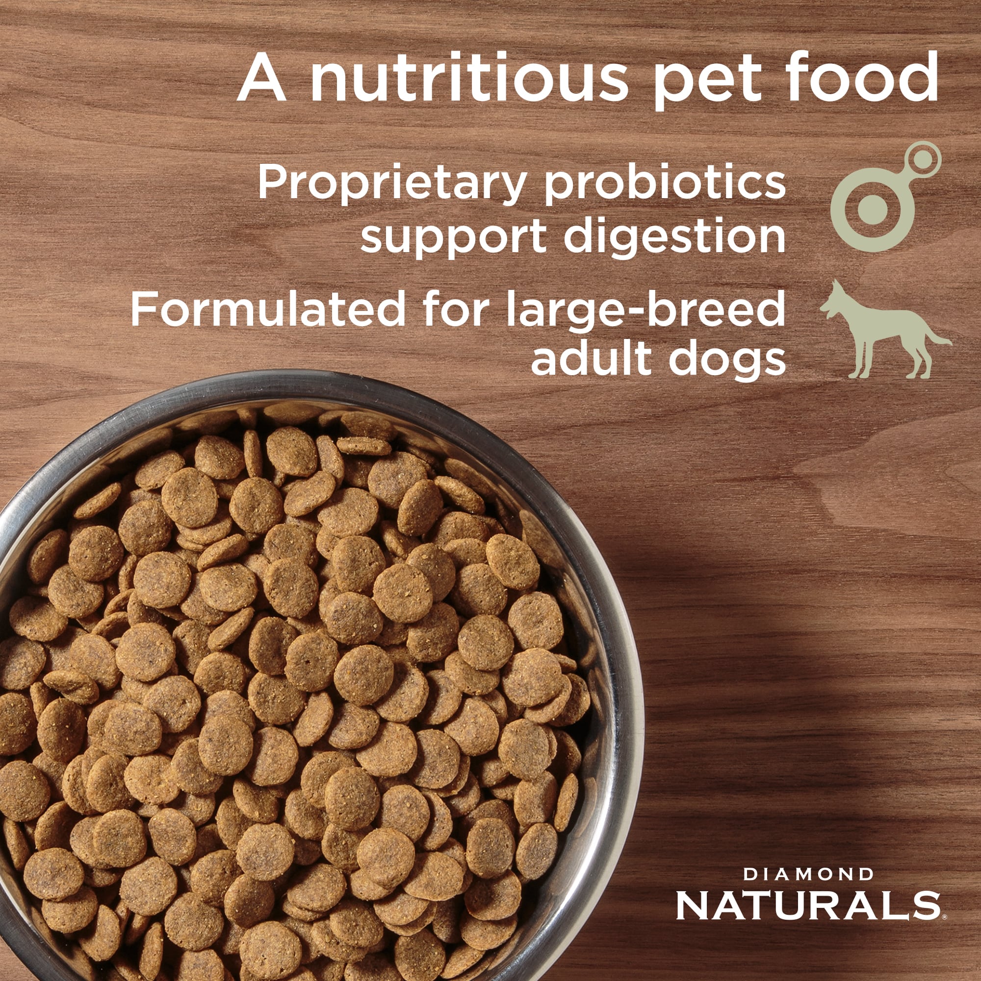 A metal bowl full of Diamond Naturals Large Breed Adult Dog Lamb Meal & Rice Formula kibble.