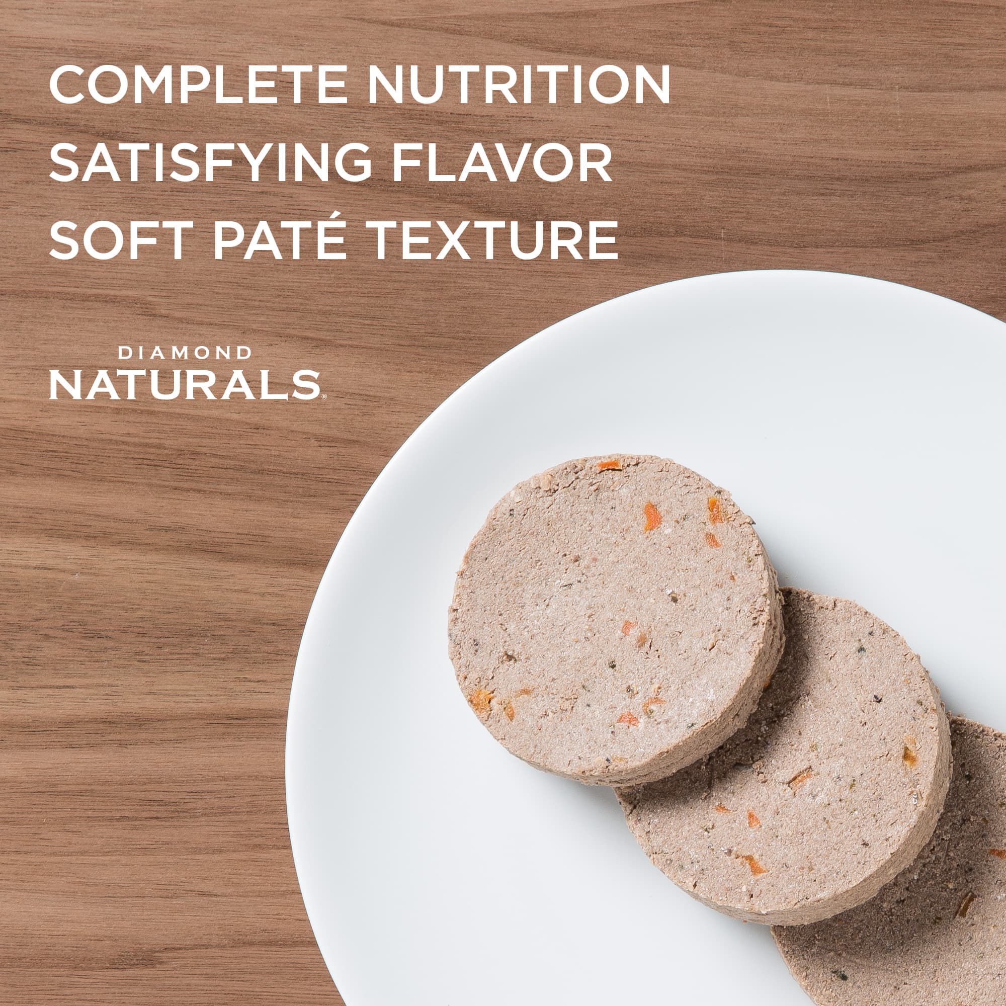 Three paté slices of Diamond Naturals Lamb Dinner for Adult Dogs on a white plate.