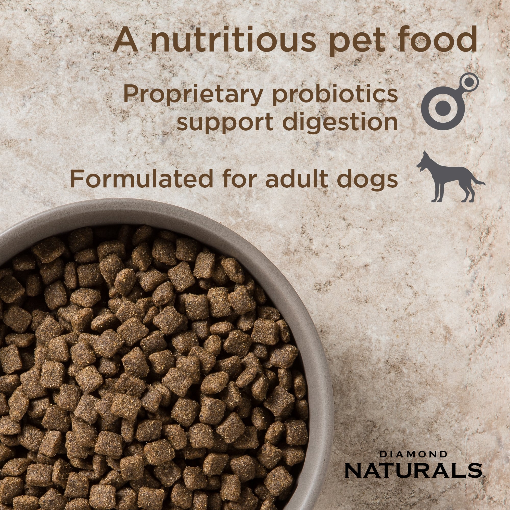 A gray ceramic bowl full of Diamond Naturals Adult Dog Lamb Meal & Rice Formula kibble.