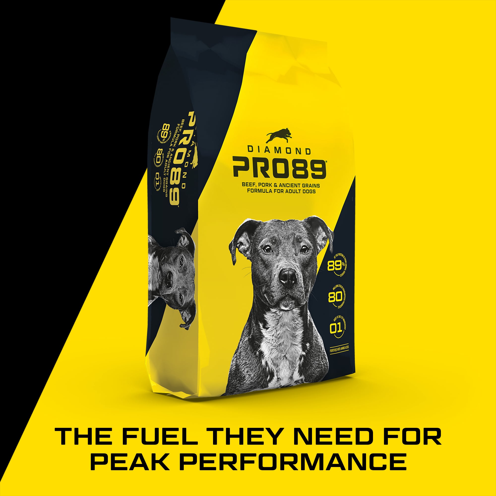 A full bag of Diamond Pro89 Beef, Pork & Ancient Grains Formula for Adult Dogs.