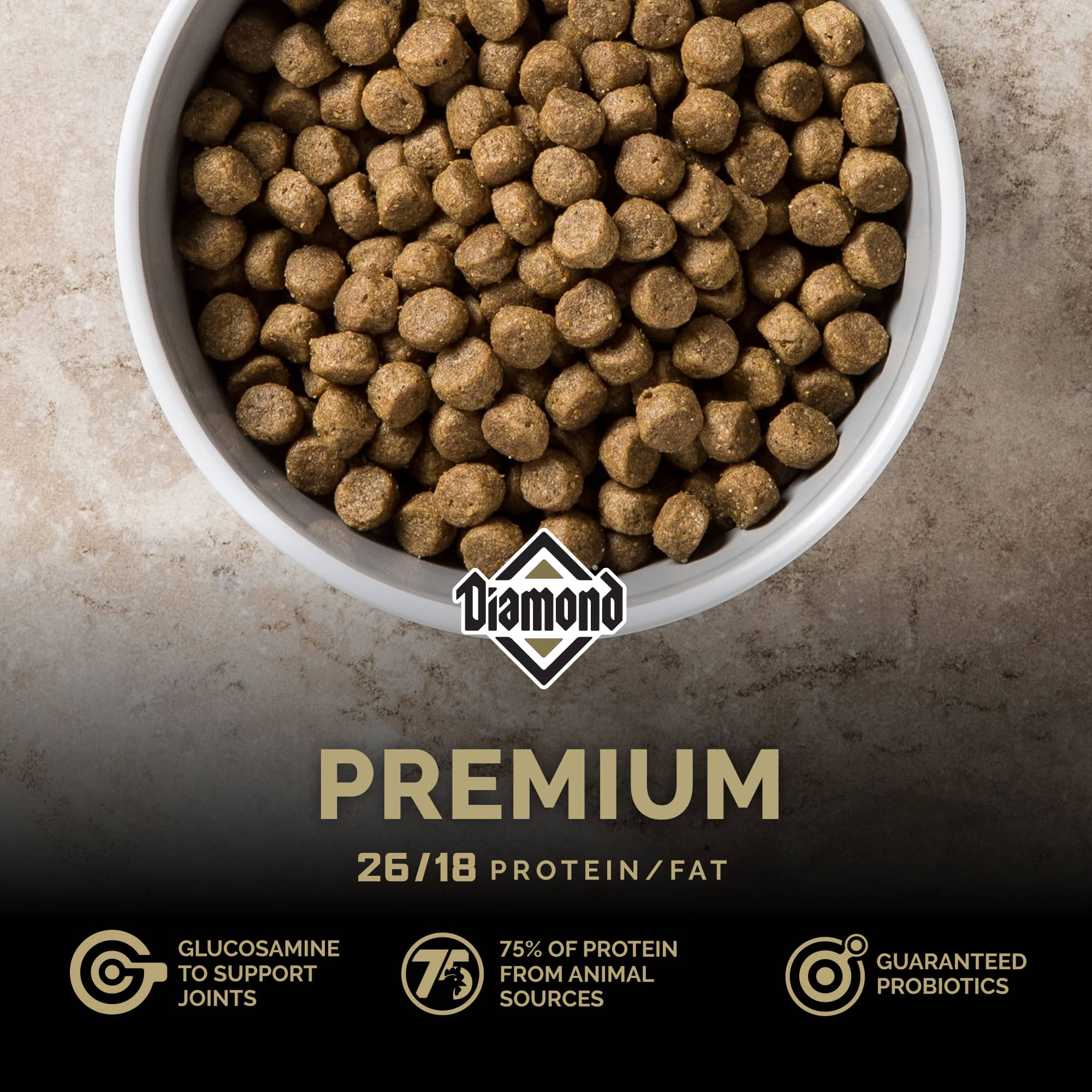 A white ceramic bowl filled with Diamond Premium kibble.