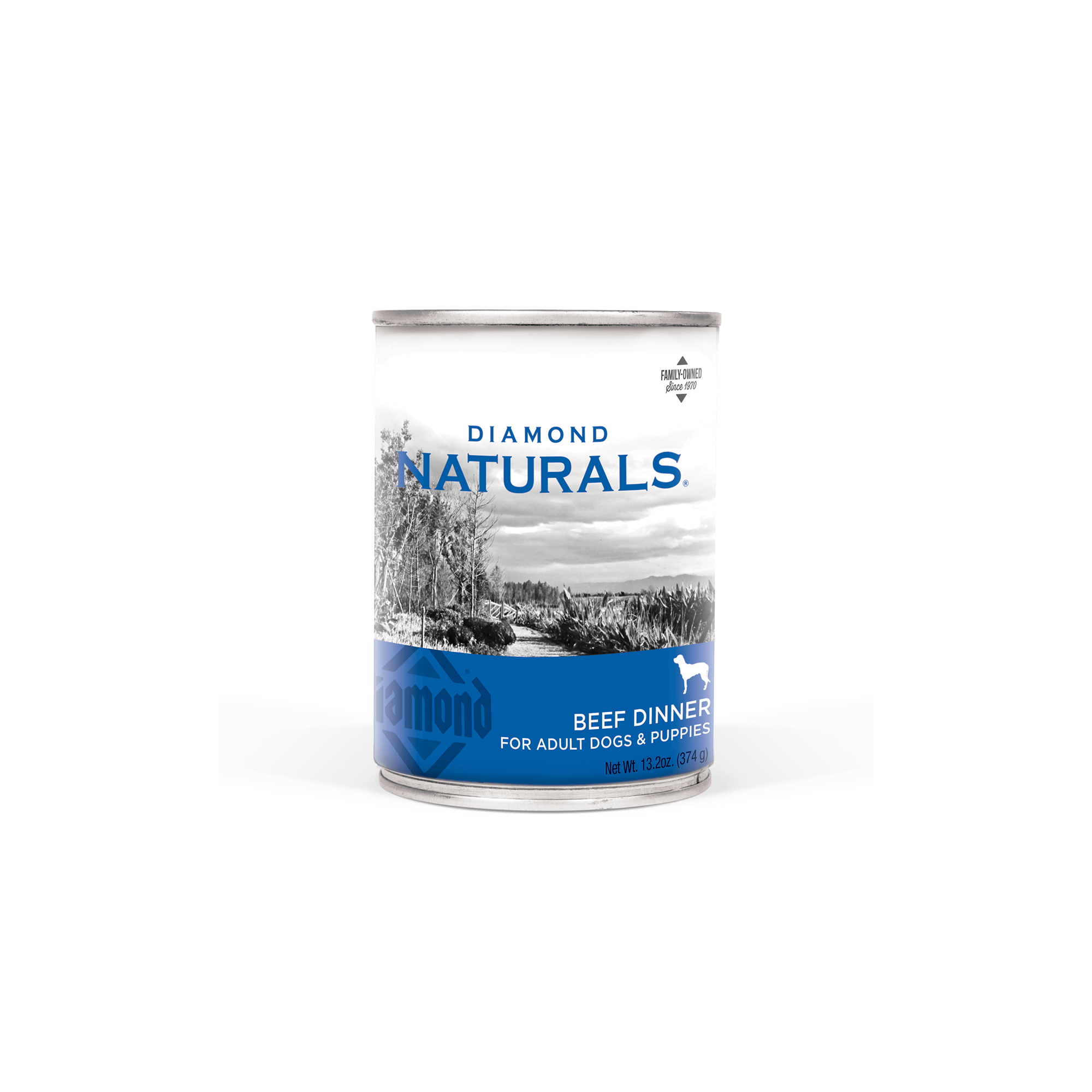 A can of Diamond Naturals Beef Dinner for Adult Dogs & Puppies.