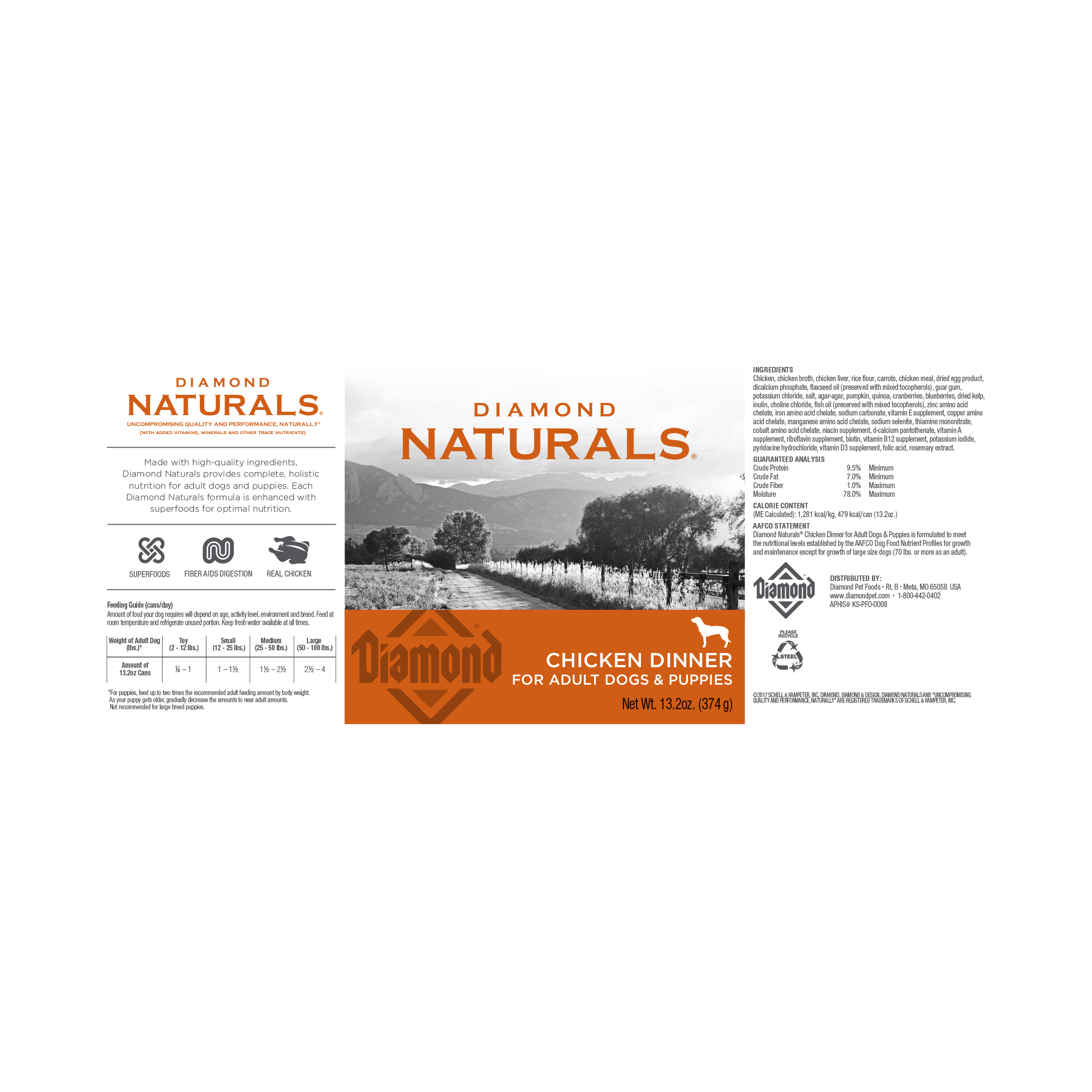 The label from a can of Diamond Naturals Chicken Dinner for Adult Dogs & Puppies.