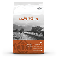 The front of a bag of Diamond Naturals All Life Stages Dog Chicken & Rice Formula.