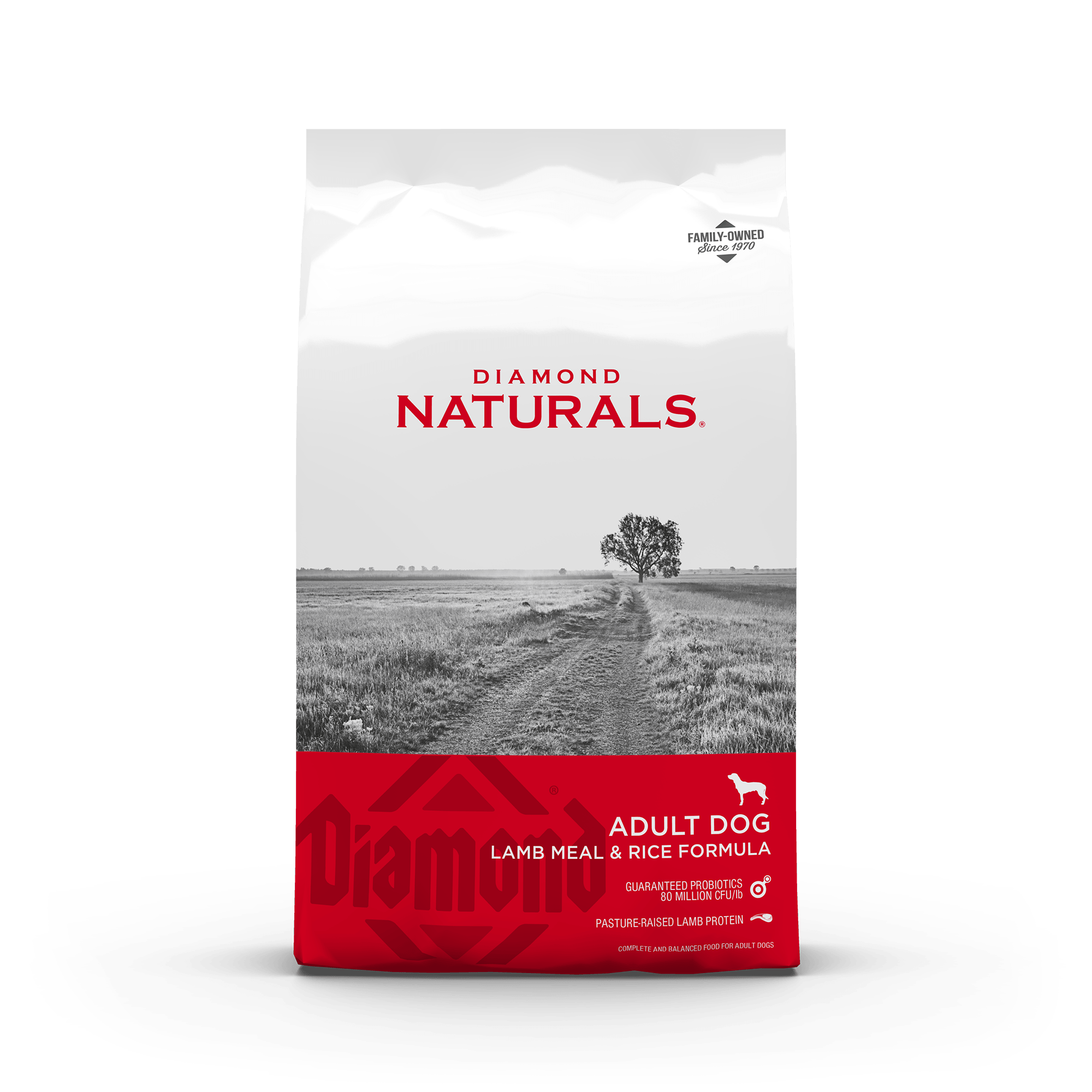The front of a bag of Diamond Naturals Adult Dog Lamb Meal & Rice Formula.