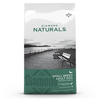 The front of a bag of Diamond Naturals Small Breed Adult Dog Lamb & Rice Formula.