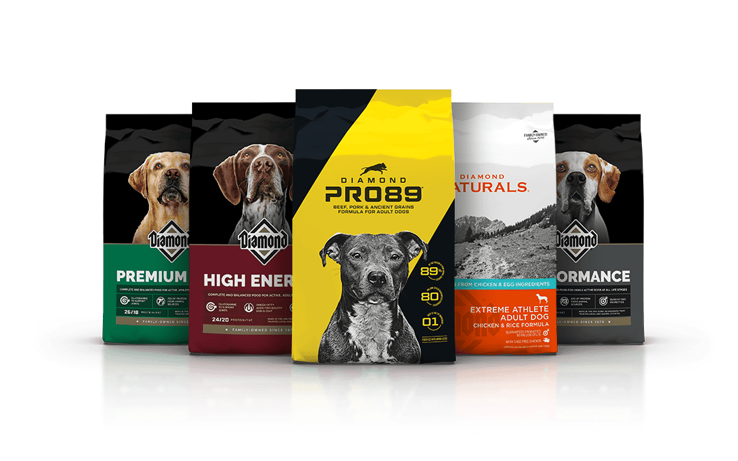 An assortment of Diamond Pet Foods dog formula bags lined up side by side.